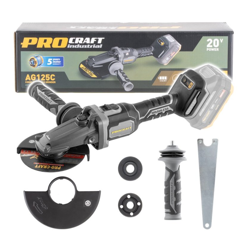 Procraft Industrial AG125Cbb aku úhlová bruska 125mm s plochou hlavou 20 V bez aku