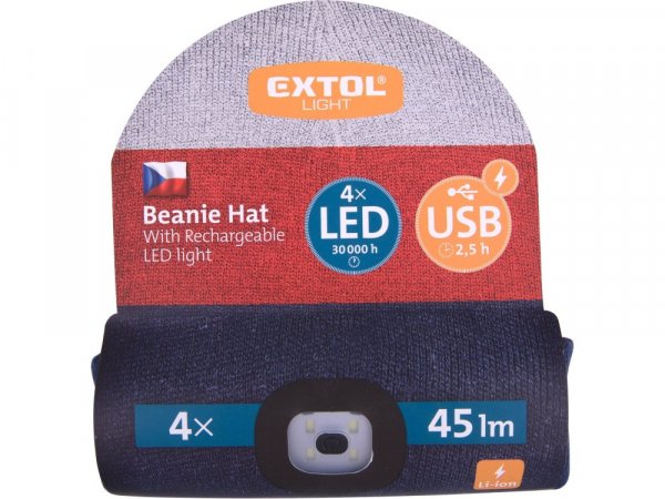 EXTOL LIGHT 43450 čepice s čelovkou 4x45lm, USB nabíjení, bílá/červená/modrá, univerzální velikost
