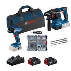 Bosch GSR 18V-45 + GBH 18V-22 + 45 dílná sada bitů + 3 dílná sada vrtáků SDS-plus-5 + 2× 4.0 Ah 0615V0003D