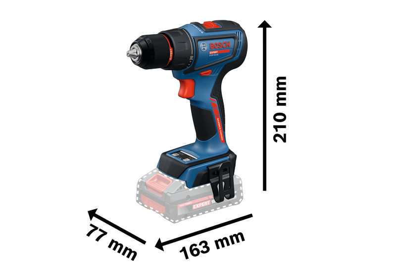 Akumulátorová vrtačka Bosch EXSR18V-90 s uvedenými rozměry.
