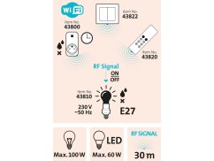 EXTOL LIGHT 43810 objímka na žárovku dálkově ovládaná, 2ks, rozšiřující sada, max. 60W žárovka, E27, dosah 30m