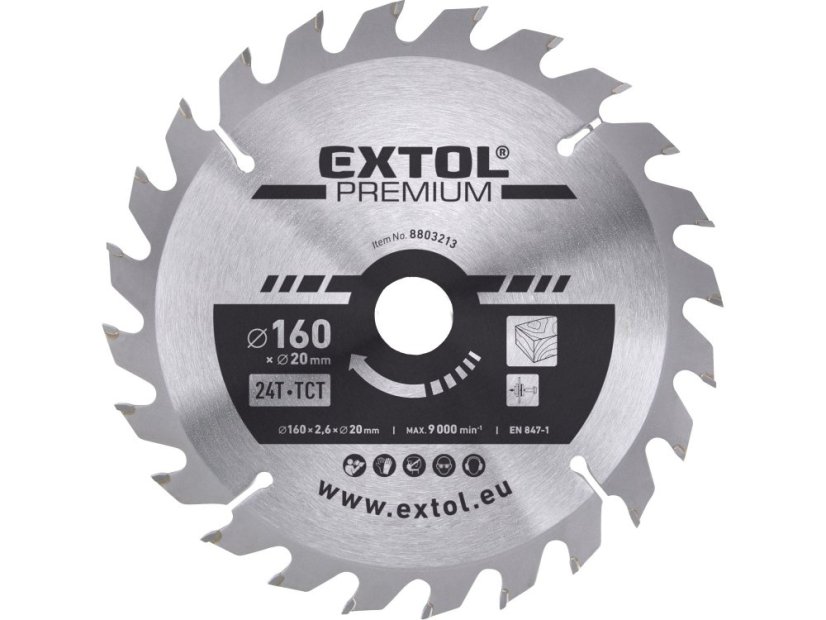 EXTOL PREMIUM 8803213 kotouč pilový s SK plátky, O 160x2,6x20mm, 24T