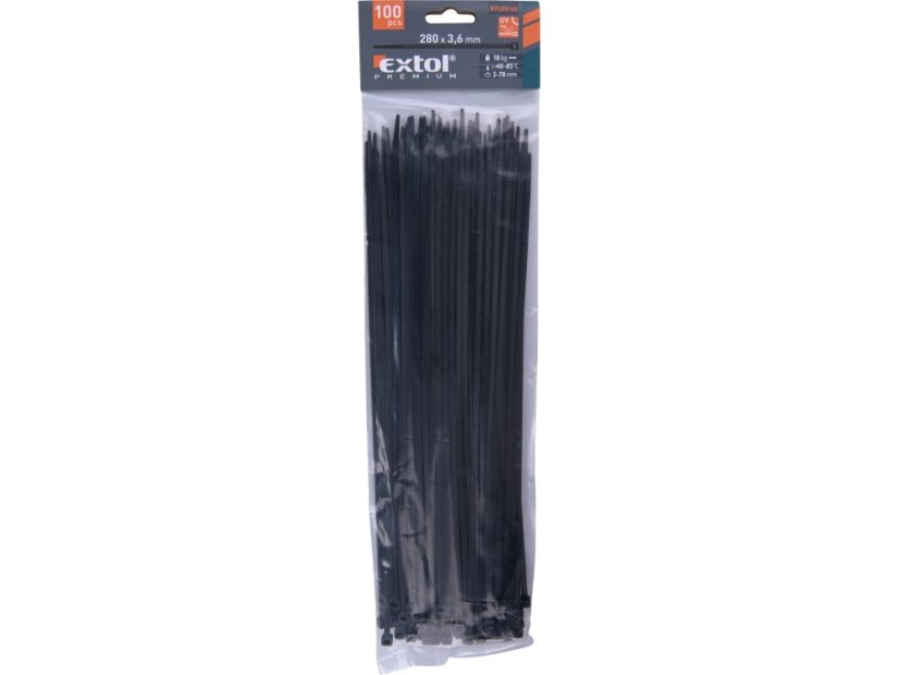 EXTOL PREMIUM 8856158 pásky stahovací na kabely černé, 280x3,6mm, 100ks, nylon PA66