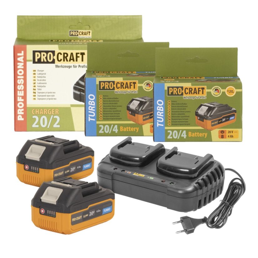 Procraft S20-4TURBO/20-2 aku sada baterií a nabíječky 20 V 2x4 Ah Turbo+20/2 dvojitá nabíječka