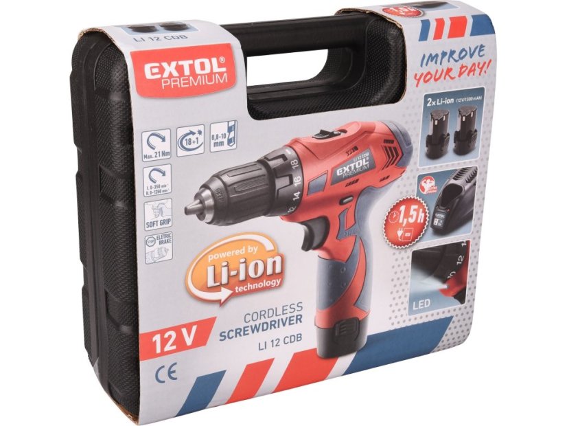 EXTOL PREMIUM 8891151 vrtací šroubovák aku, 12V Li-ion (2x), 1500mAh