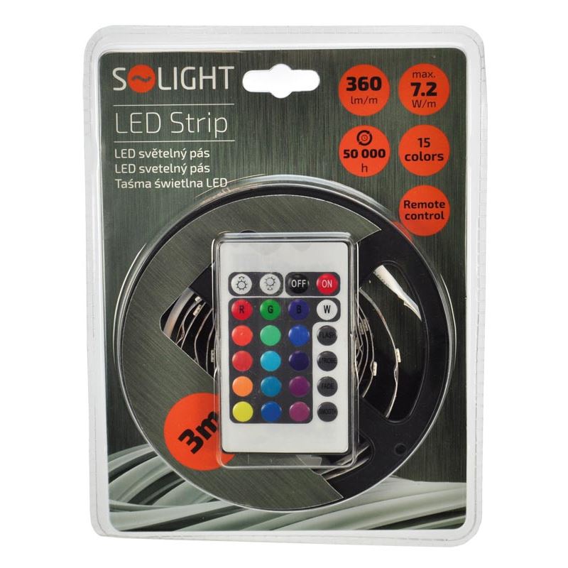 Solight WM55 LED světelný pás, RGB, 3m, sada s 12V adaptérem a dálk. ovladačem, 7,2W/m, IP20
