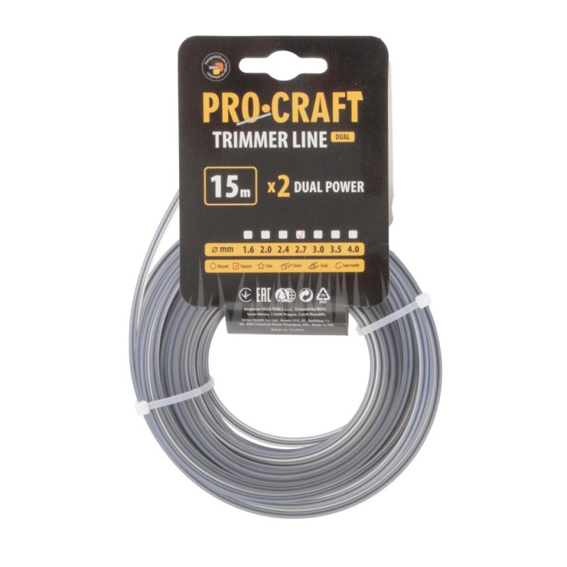 Procraft KV/J-2.7/15 struna žací s výstuhou 2.7mm 15m čtverec