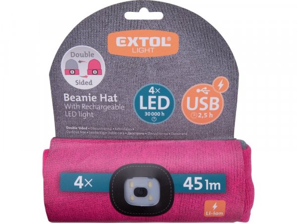 EXTOL LIGHT 43197 čepice s čelovkou 4x45lm, USB nabíjení, světle šedá/růžová, oboustranná, univerzální velikost