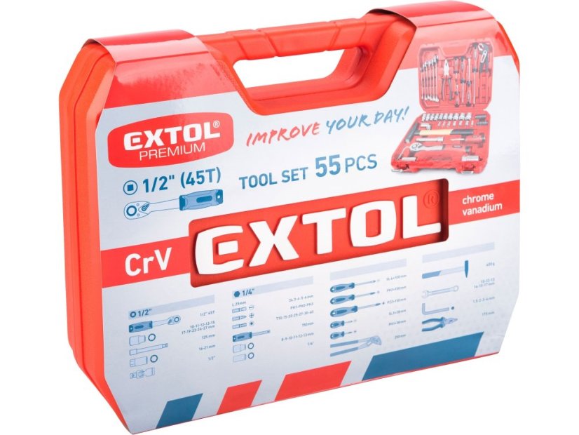 EXTOL PREMIUM 8818420 sada nářadí 55ks, 1/4", 1/2", CrV