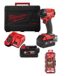 Milwaukee ELVINSET32 M18 FID3-502X aku rázový utahovák HEX 1/4" 226 Nm + 10 dílná sada vrtáků 2x 5Ah M18 B5 4933479865