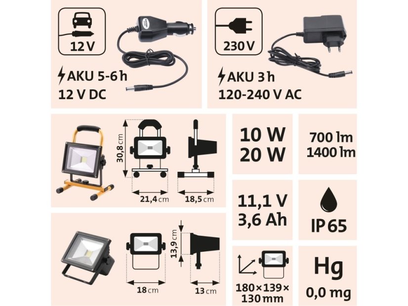EXTOL LIGHT 43125 reflektor LED, nabíjecí s podstavcem, 700/1400lm, Li-ion