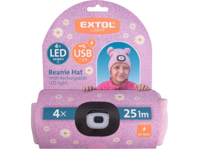 EXTOL LIGHT 43458 čepice s čelovkou 4x25lm, USB nabíjení, růžová se třpytkou a bambulemi, dětská