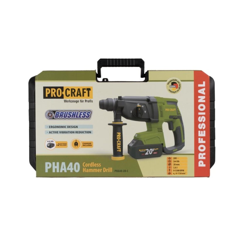 Procraft PHA40-2B-C aku kombinované kladivo SDS-Plus 20 V 2,6 J 2x4Ah