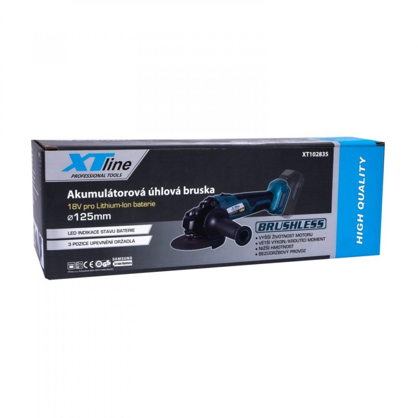 XTline XT102835-1B5B aku úhlová bruska bezuhlíková 125mm, 18V + baterie  5Ah+ nabíječka + box