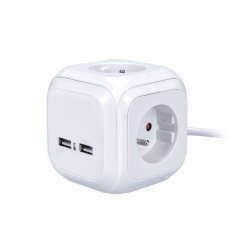 Solight PP145USB prodlužovací přívod kostka, 4 zásuvky 230V + 2x USB max. 2400mA, kabel 2m