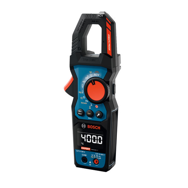 Klešťový multimetr Bosch EXMC600-17 s digitálním displejem.