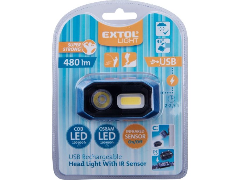 EXTOL LIGHT 43183 čelovka 480lm, USB nabíjení, IR čidlo, OSRAM LED+COB LED