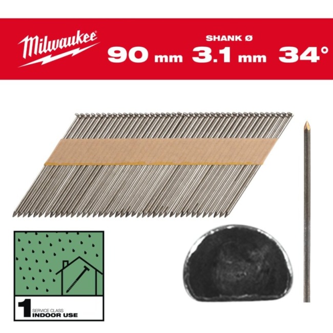 Milwaukee ELVINSET31 M18 FFN-502C aku hřebíkovačka 34° 50-90mm + hřebíky hladké 3,1x90mm D34 + ochranné brýle žluté 2x 5 Ah M18B5 4933471404
