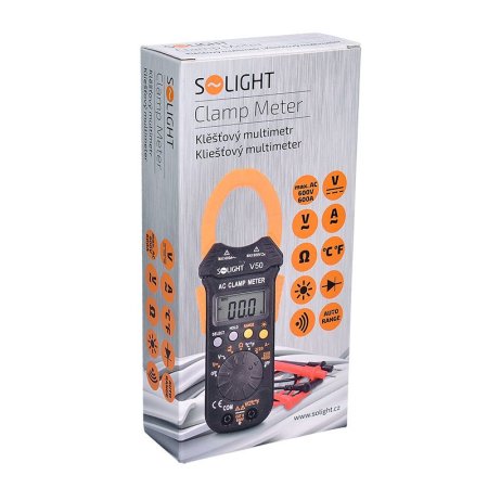Solight V50 klešťový multimetr, max. AC 600V/600A, max. DC 600V, test diody, bzučák, odpor, teplota