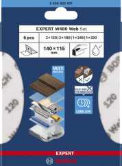 Bosch sada ručních brusných sítí EXPERT W480 Web 1/4, 115 × 140 mm, G120 (2×); G180 (2×); G240 (1×); G320 (1×), 6 ks