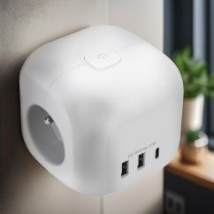 Solight P110C rozbočka kostka, 3x 16A + USB A+C, bílá, vypínač