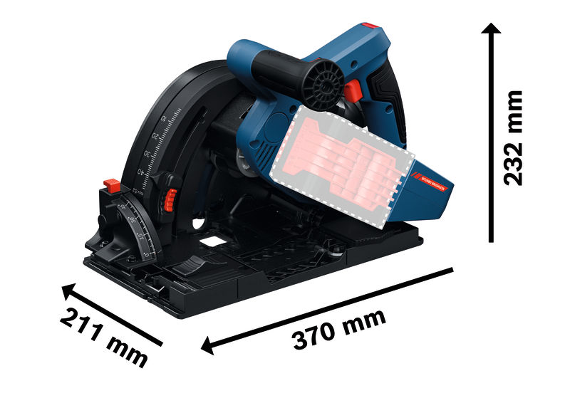 Akumulátorová ponorná pila Bosch EXKT18V-52G s uvedenými rozměry.