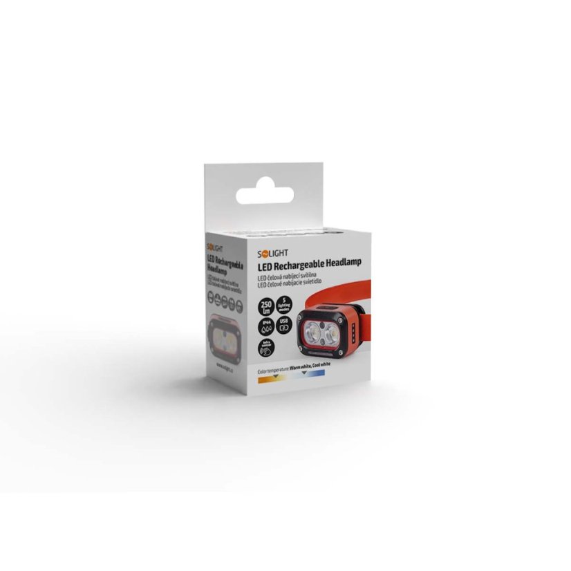 Solight WN55 LED čelová nabíjecí svítilna, 250lm, teplé+studené světlo, Li-Ion