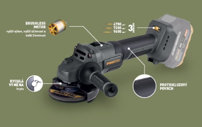 Procraft Industrial AG125Abb aku úhlová bruska 125 mm 20 V (bez baterie a nabíječky)