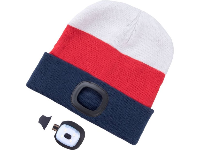 EXTOL LIGHT 43450 čepice s čelovkou 4x45lm, USB nabíjení, bílá/červená/modrá, univerzální velikost