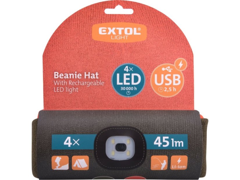 EXTOL LIGHT 43460 čepice s čelovkou 4x45lm, USB nabíjení, fluorescentní oranžová/khaki zelená, oboustranná, univerzální velikost