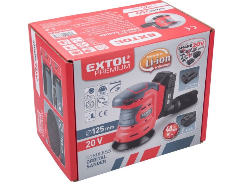 EXTOL PREMIUM 8891846 bruska excentrická aku SHARE20V, 125mm, 20V Li-ion, 2000mAh