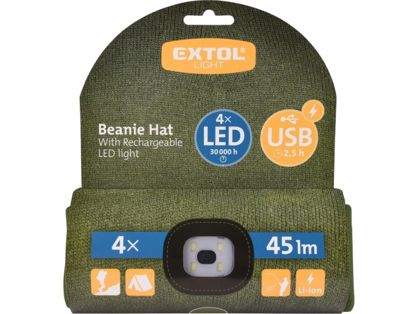 EXTOL LIGHT 43192 čepice s čelovkou 4x45lm, USB nabíjení, tmavě zelená, univerzální velikost