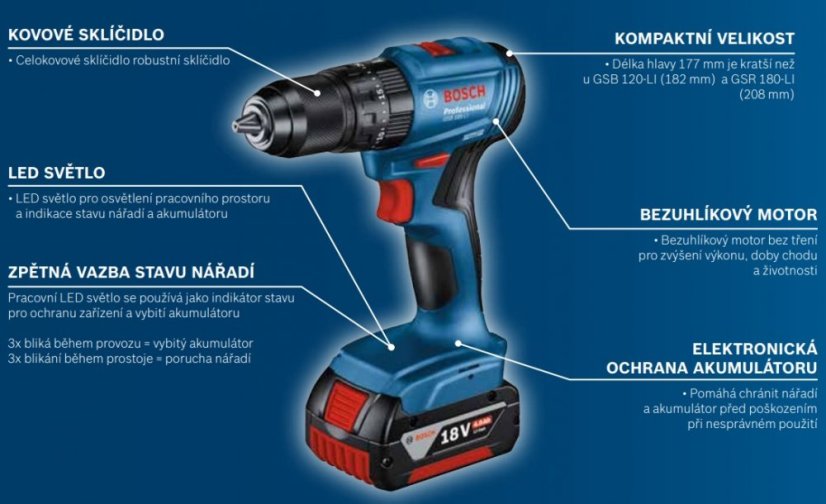 Bosch GSB 185-LI aku příklepový vrtací šroubovák 18V 1x2.0Ah kufr