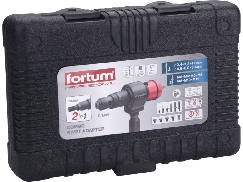 FORTUM 4770667 nástavec nýtovací na vrtačku T-COMBO, sada pro matice M3-M12 i trh. nýty 2,4-6,4mm, CrMoV