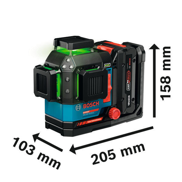 Laserový nivelační přístroj Bosch EXLL18V-120-33CG s rozměry 158x205x103 mm.