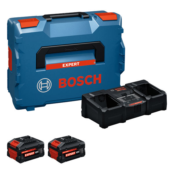 Startovací sada Bosch s kufrem L-BOXX, nabíječkou a dvěma 18V bateriemi.