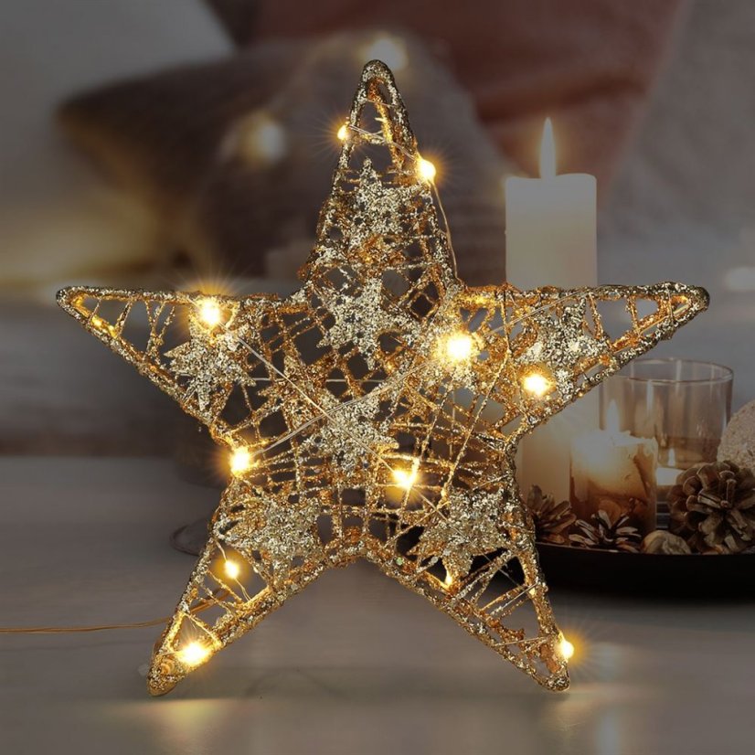 Solight 1V240 vánoční hvězda glitter, zlatá, kovová, 14x LED, 2x AA