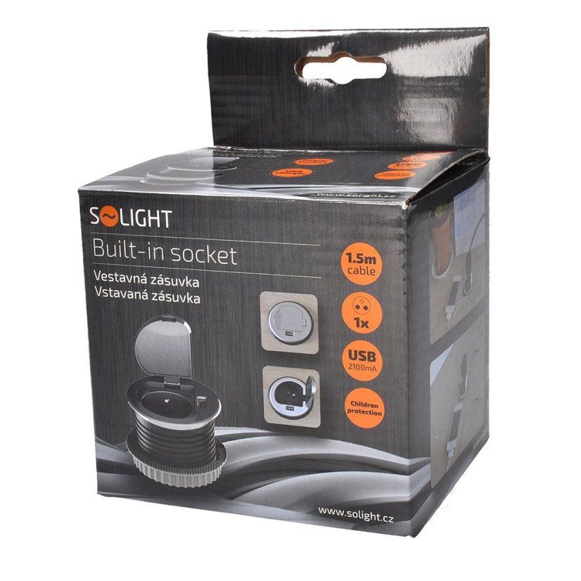 Solight PP122 USB vestavná zásuvka s víčkem, 1 zásuvka, plast, délka 1,5m, 3x 1mm2, USB 2100mA, stříbrná