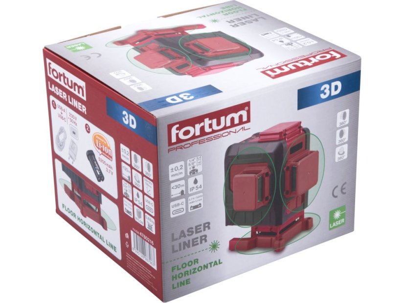 FORTUM 4780216 laser zelený 3D liniový, křížový samonivelační