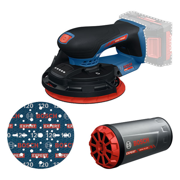 Bruska Bosch EXEX18V-150-5 s brusným kotoučem a HEPA filtrem.