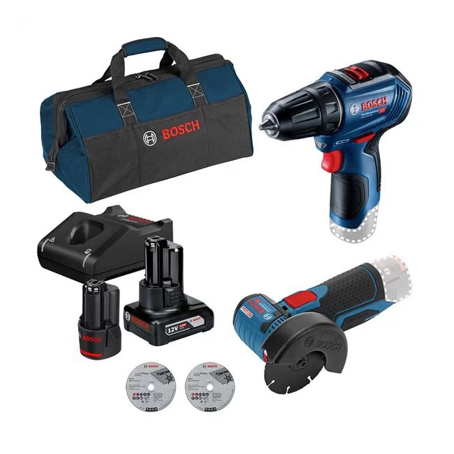 Bosch 0615990M9M GSR 12V-30 aku vrtací šoubovák+GWS 12V-76 aku úhlová bruska+1x2Ah+1x4Ah+brašna