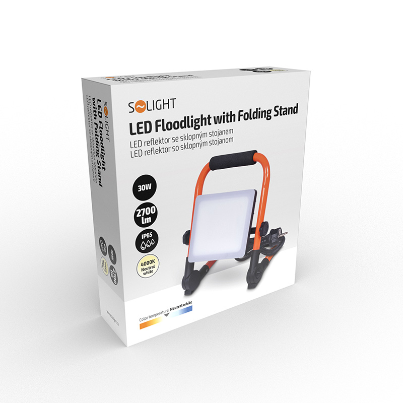 Solight WM-30W-FEQ LED reflektor se sklopným stojanem, 30W, 2700lm, 4000K, kabel se zástrčkou, IP65