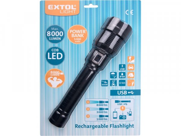 EXTOL LIGHT 43142 svítilna 8000lm, zoom, USB nabíjení s powerbankou, 60W COB LED
