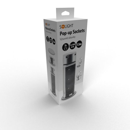 Solight PP125 USB výsuvný blok zásuvek, 3 zásuvky, plast, délka 1,5m, 3 x 1mm2, stříbrný