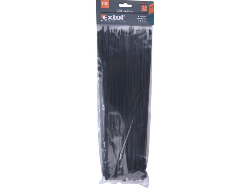 EXTOL PREMIUM 8856162 pásky stahovací na kabely černé, 300x4,8mm, 100ks, nylon PA66