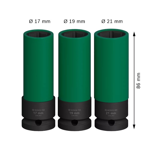 Bosch 3 dílná sada prodloužených nástrčných hlavic 17, 19, 21 mm Pro Impact 1/2" 2608003033