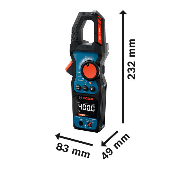 Klešťový multimetr Bosch EXMC600-17 s rozměrovými štítky.