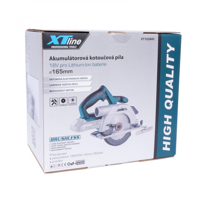 XTline XT102845-1B5B aku kotoučová pila bezuhlíková 165mm 18V + baterie 5Ah + nabíječka 3.5A + box