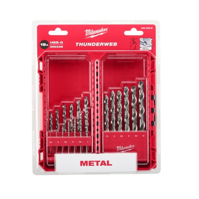 Milwaukee ELVINSET33 M18 BLPDRC-502C aku příklepová vrtačka + 19 dílná sada vrtáků HSS-G 2x 5 Ah M18 B5 4933492826