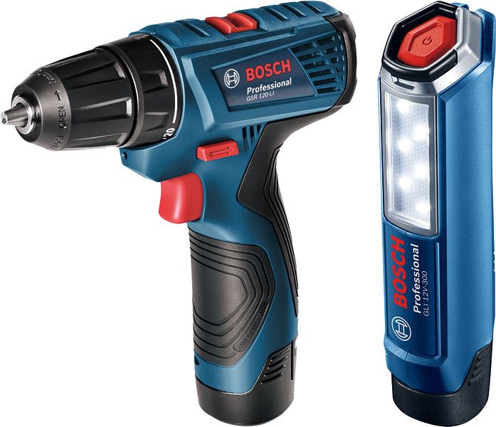 Bosch aku sada GSR 120-LI + GLI 12V-300 + 2× GBA 12V 2.0Ah + GAL 1210 CV v kufříku 06019G8004